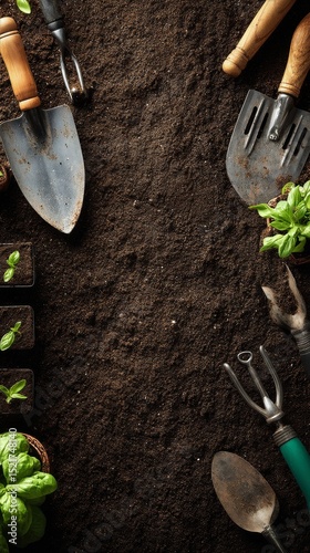 Gardening Tools and Seedlings Arranged on Dark Soil in a Home Garden Setting ...