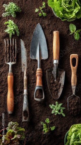 Gardening Tools and Seedlings Arranged on Dark Soil in a Home Garden Setting ...