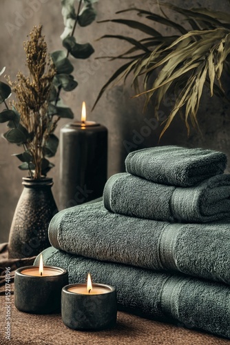 Relaxing Spa Setup With Towels, Candles, and Plants for Tranquility and Rejuv...