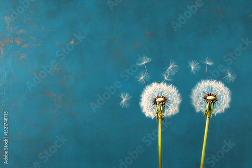 Dandelion Seeds Floating Against a Blue Background During a Calm Afternoon