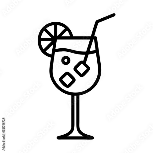Line art depiction of a refreshing cocktail with ice and lemon slice, icon, vector   