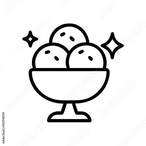 Three scoops of ice cream in a dessert bowl with sparkles, icon, vector  