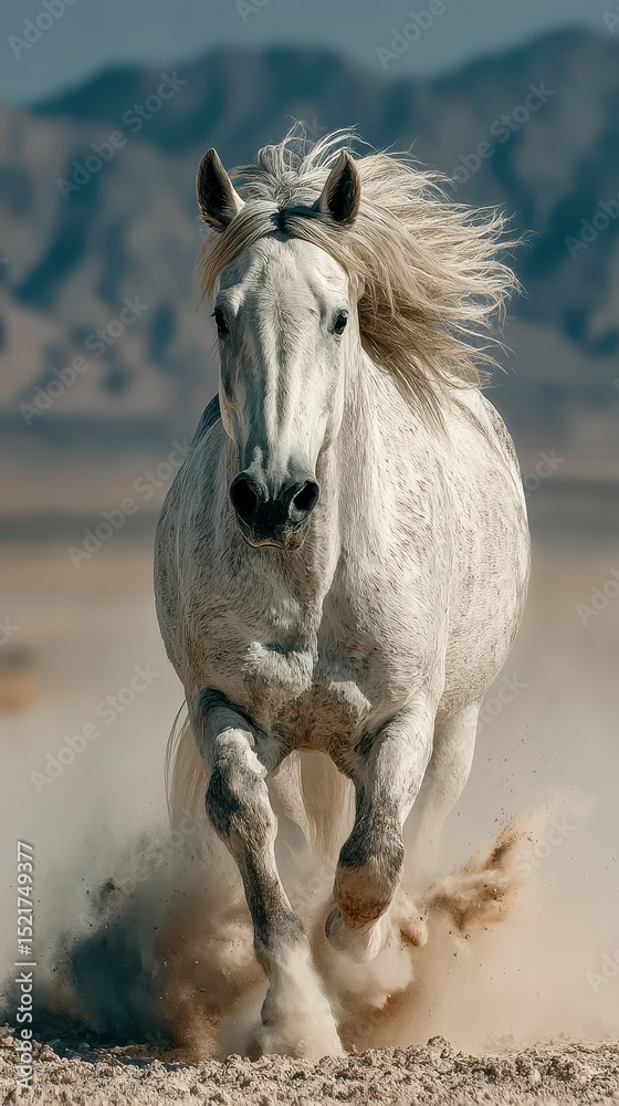 Fototapeta premium Majestic white horse galloping through desert landscape during sunny day
