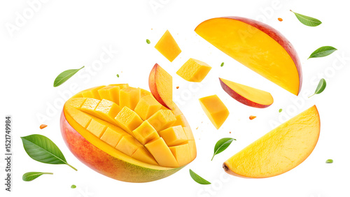 Wallpaper Mural flying mango fruit with half slices isolated on white background PNG Torontodigital.ca