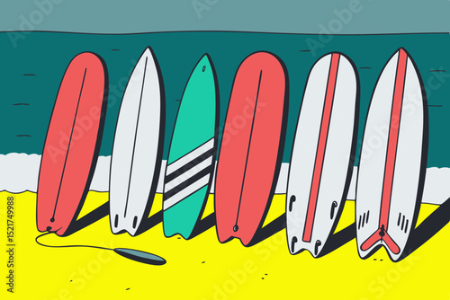 Surfboards lined up on sandy beach with ocean in the background  