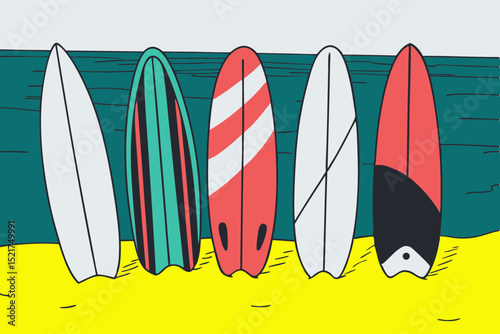 Surfboards lined up on sandy beach with ocean in the background  