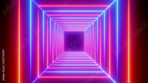 Tunnel with square shape blue and orange neon lights - 3D 4k animation (3840x2160px)