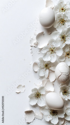 Delicate White Flowers and Broken Eggshells Arranged on a Light Surface for a...