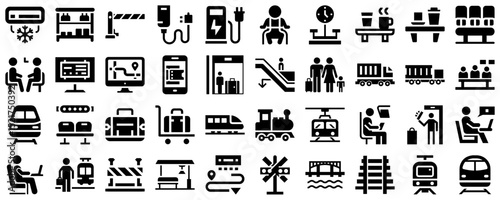 Modern Rail Travel Icon Set Featuring Transportation and Services