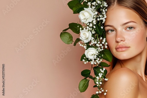 Young Woman Poses Gracefully With Roses and Greenery Against a Soft Pink Back...