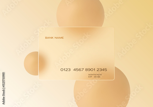 Golden glass credit card with bronze spheres on soft gradient background