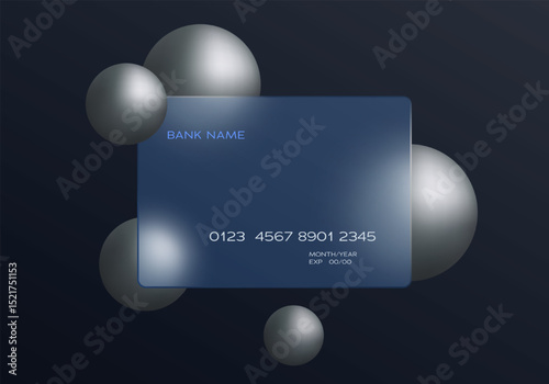 Stylish dark glass credit card with metallic silver spheres floating on rich dark blue gradient background, fintech interface concept in modern vector glass morphism style.