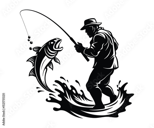 Tribal sport fishing logo with a silhouette of a fisherman, rod, and dragon art illustration