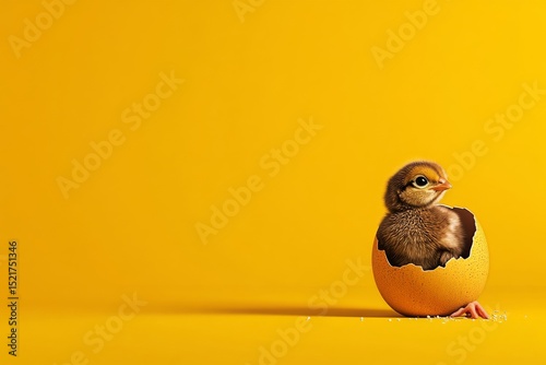 Newly Hatched Chick Emerging From Shell Against Bright Yellow Background.