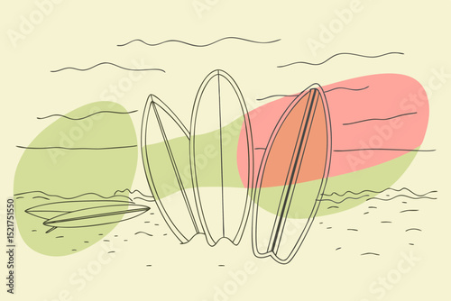 Surfboards lined up by the shore with abstract background colors  