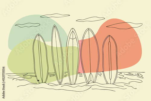 Surfboards lined up by the shore with abstract background colors  