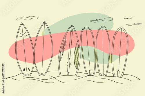 Surfboards lined up by the shore with abstract background colors  