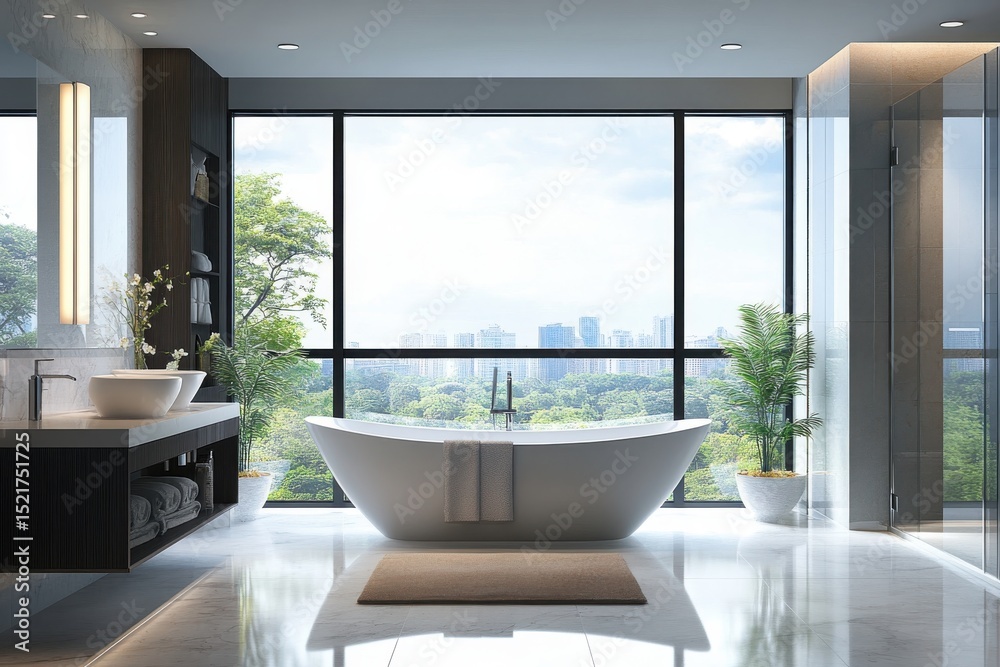 Fototapeta premium Modern luxury bathroom with city view