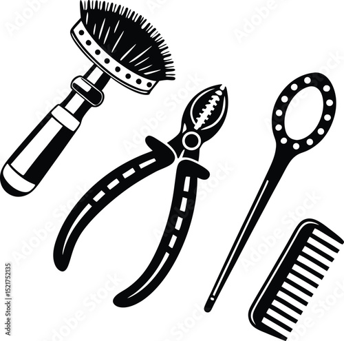 Minimalist Horse Grooming Equipment – Black and White Flat Design Illustration