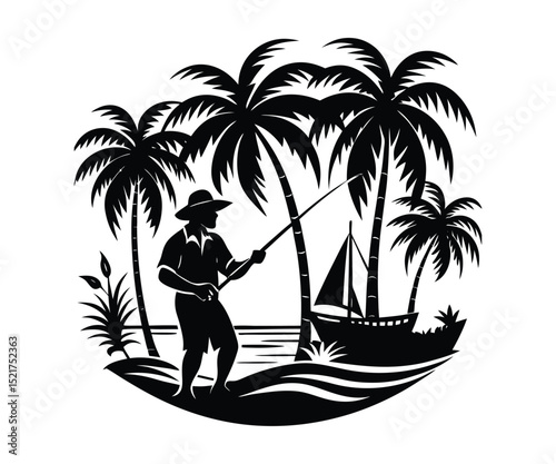Silhouette of a man on a tropical beach at sunset with palm trees and ocean