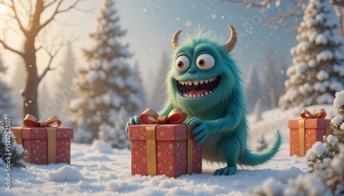 Funny cartoon monster with gift box in winter landscape. 3D rendering, AI Generated