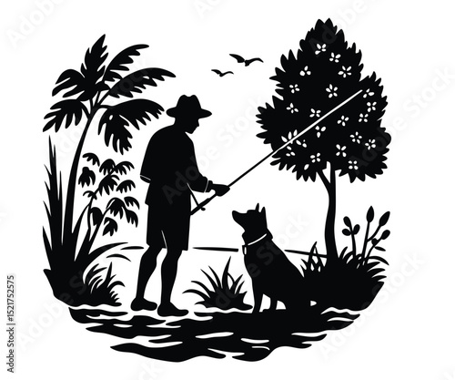 Dog and cat silhouettes, vector pet illustrations of people walking dogs in a park, and cartoon drawings of a man and woman with their puppies on leashes