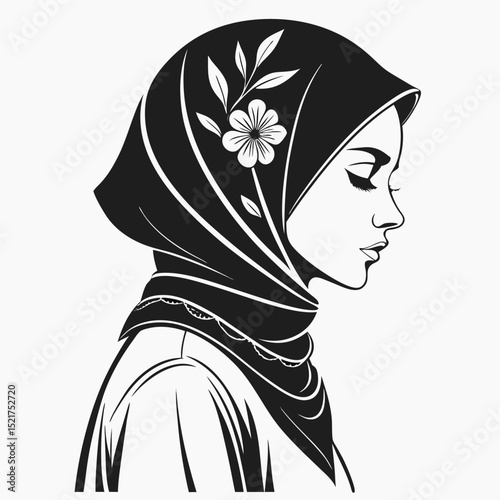 Elegant Woman Silhouette in Decorative Hijab with Flowers