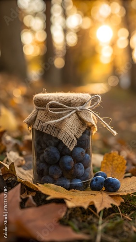 Glass jar of blueberries in autumn forest setting at sunset