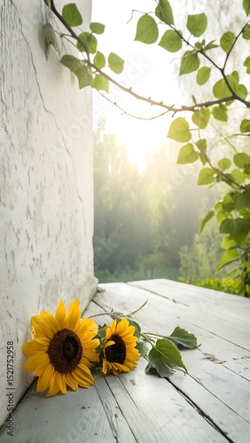 Two sunflowers resting on a rustic white wooden table outdoors