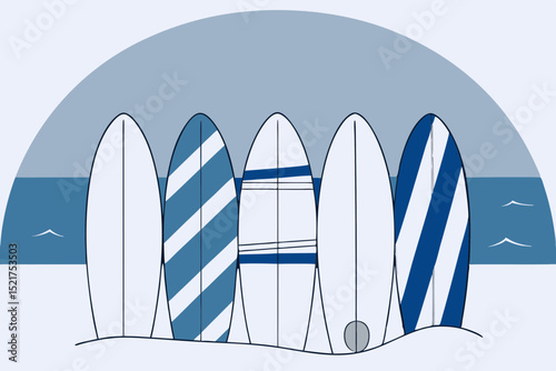 Surfboards arranged in a row with blue background design concept  