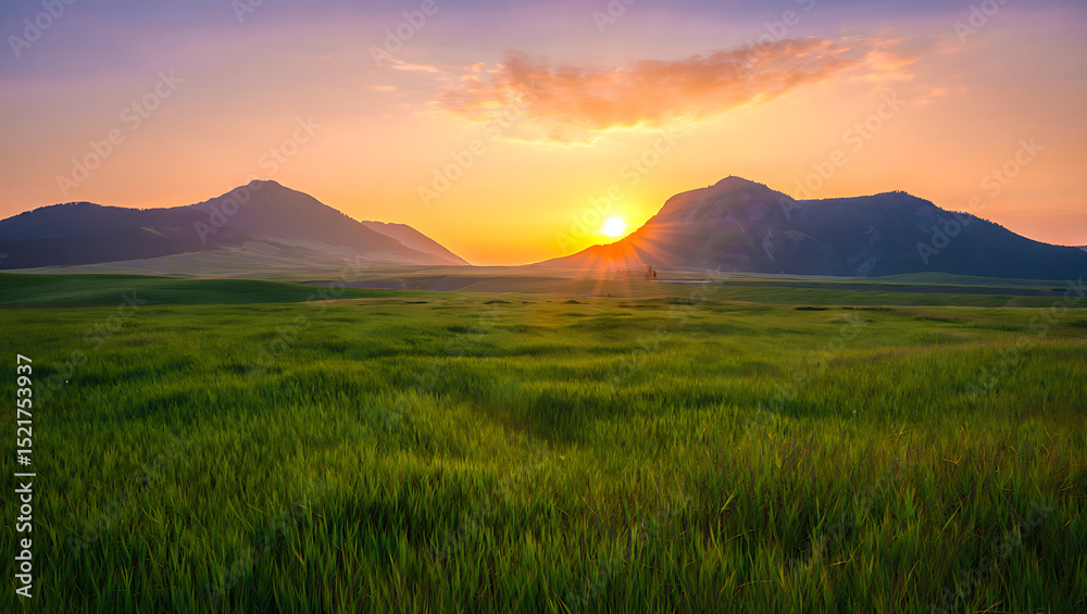Obraz premium A beautiful mountain landscape at dawn with a vibrant orange sky, misty hills, and light clouds