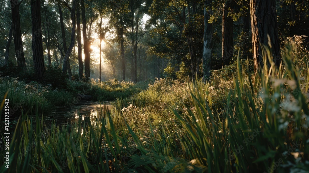 Obraz premium Sunlit Forest Glade with Serene Clearing and Water Reflection Captured Through Camera Zoom