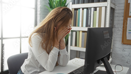 Fotografija Woman sitting at desk in modern office with head in hands conveying stress in workplace with computer bookshelves indoor setting