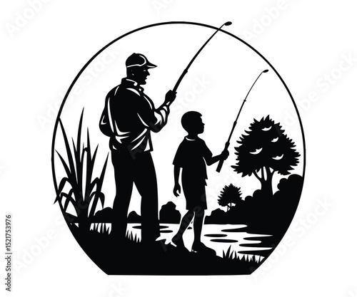Father and son fishing in a boat, a loving silhouette illustration of people enjoying the sport
