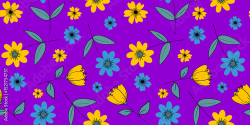 minimalist floral seamless pattern vibrant purple background yellow blue flowers abstract nature web design textile wallpaper decor