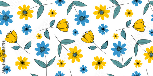 minimalist blue yellow flowers seamless pattern white background spring summer design for decor invitations wallpaper
