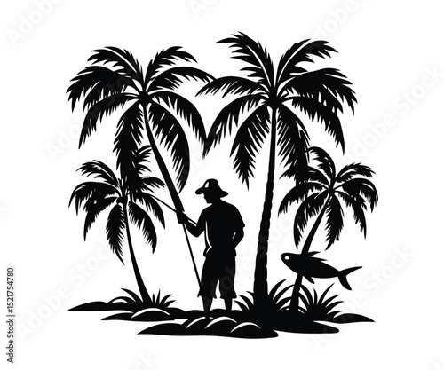 Tropical island beach sunset with a woman and palm tree silhouette