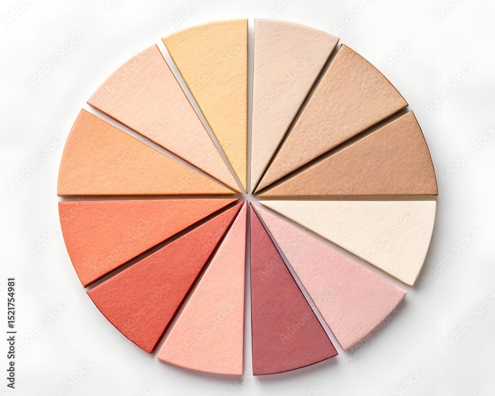 Fototapeta premium Top-down view of a circular paper color palette with warm pastel tones and triangular segments arranged in a color wheel