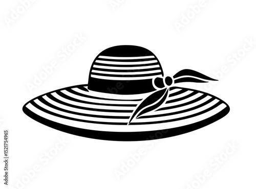 Wide-brimmed straw hat icon with ribbon in black design for summer fashion and sun protection