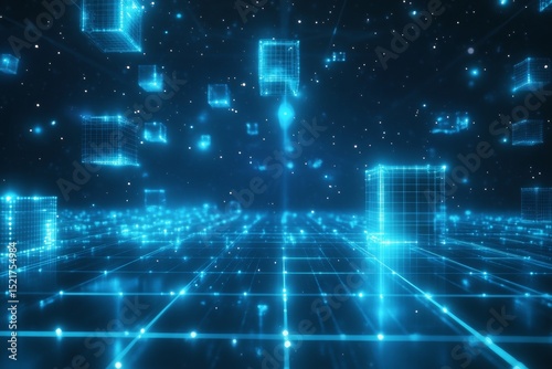 Wallpaper Mural Bright blue grids stretch across a dark background, with translucent 3D cubes drifting and glowing in a serene cosmic environment. The visual creates a sense of depth and infinity Torontodigital.ca