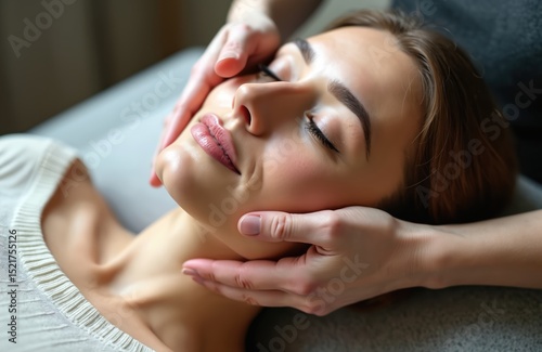 Woman receiving cranial sacral therapy. Physiotherapist applies gentle touch on head face neck for relaxation. Medical treatment promotes health. Alternative medicine, wellness, holistic approach.