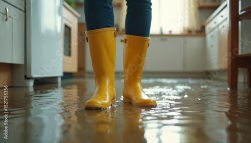 Woman yellow boots stands in flooded kitchen. Water damage home interior. Repair leak, emergency. Flooded floor, household problem. Insurance claim concept.