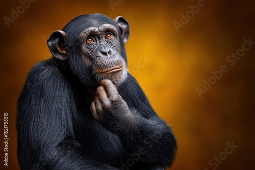Curious chimpanzee deep in thought against a warm, glowing backdrop in a captivating display of contemplation