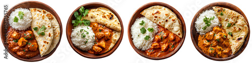 Set of chicken tikka masala plated with rice and naan on rustic clayware, isolated on white background.