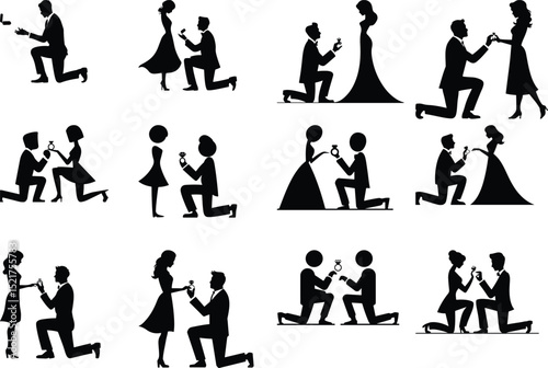 Man Kneeling Proposal Silhouette Set – Romantic Engagement Pose Collection Proposal Silhouette Vector – Man on Knee Asking for Marriage Clipart