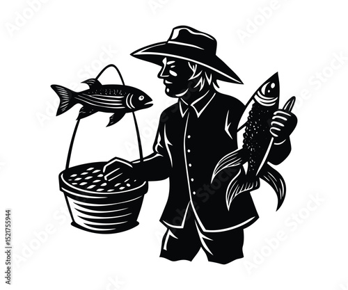 Smiling boy cartoon fisherman with a hat holding a fishing rod