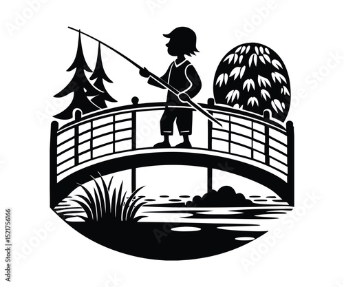Silhouette vector illustration of a fisherman on a boat, casting his fishing rod into the sea.