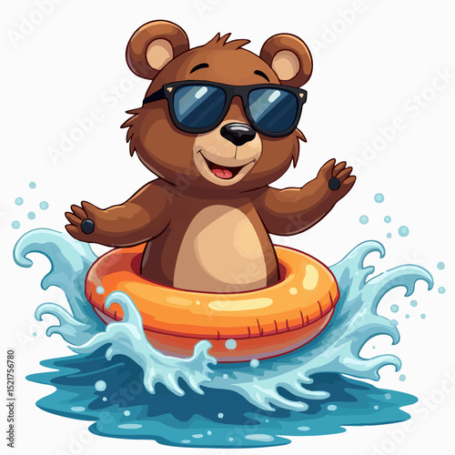 Vector fashion design for children t-shirt. 
Cute teddy bear in sunglasses 
with inflatable ring swims on wave
isolated on white background. 
Print for fabric, clothing for boy and girl.