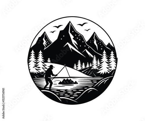 Black and white vintage vector illustration of a boat in the sea with a fish, a nature travel sport icon design