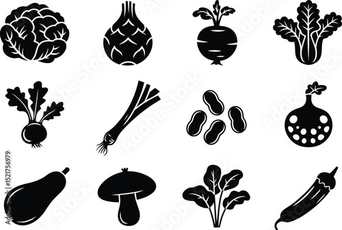 Black and White Vector Illustration of Various Vegetables on a Clean White Background.